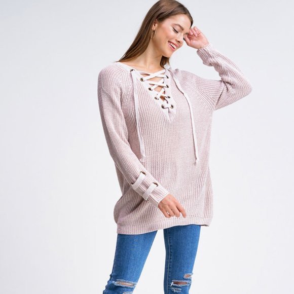 Boho Lace-up Sweater - Picture 1 of 3